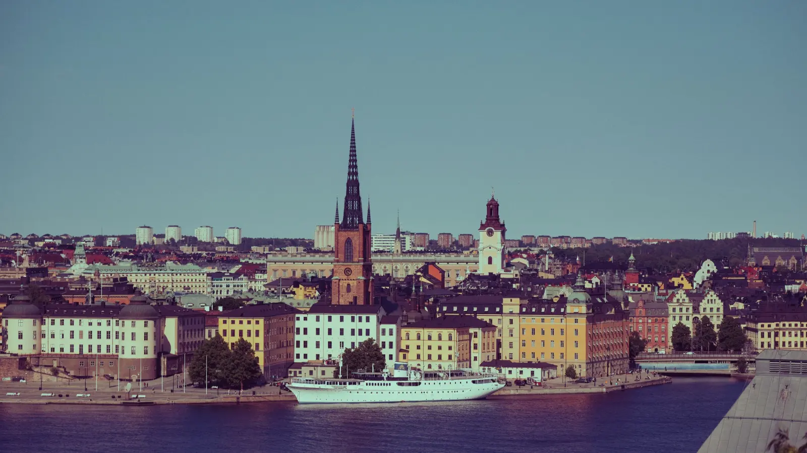Riddarholmen and the old town of Stockholm seen from the water.
